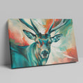 Framed canvas print of a colourful, impressionist painting of a stag with vibrant splashes of red, blue, and green