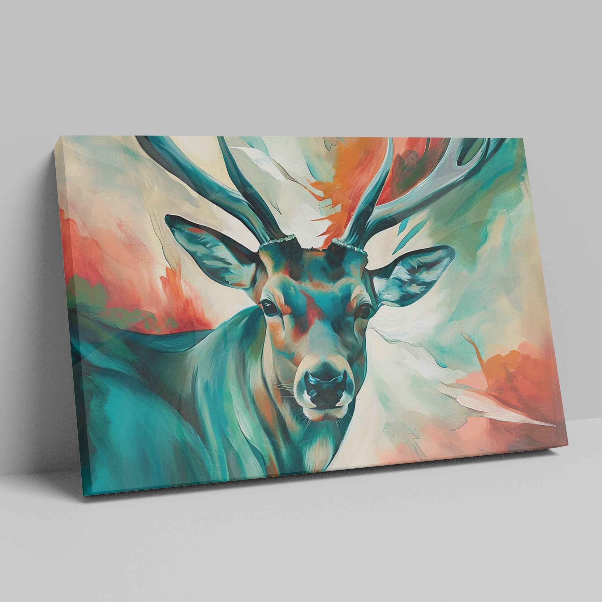 Framed canvas print of a colourful, impressionist painting of a stag with vibrant splashes of red, blue, and green