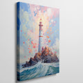 Framed canvas print of an impressionist lighthouse with vivid colours and dynamic sea waves