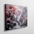 Framed canvas print of a mystic Eastern landscape with cherry blossoms and a mountain waterfall