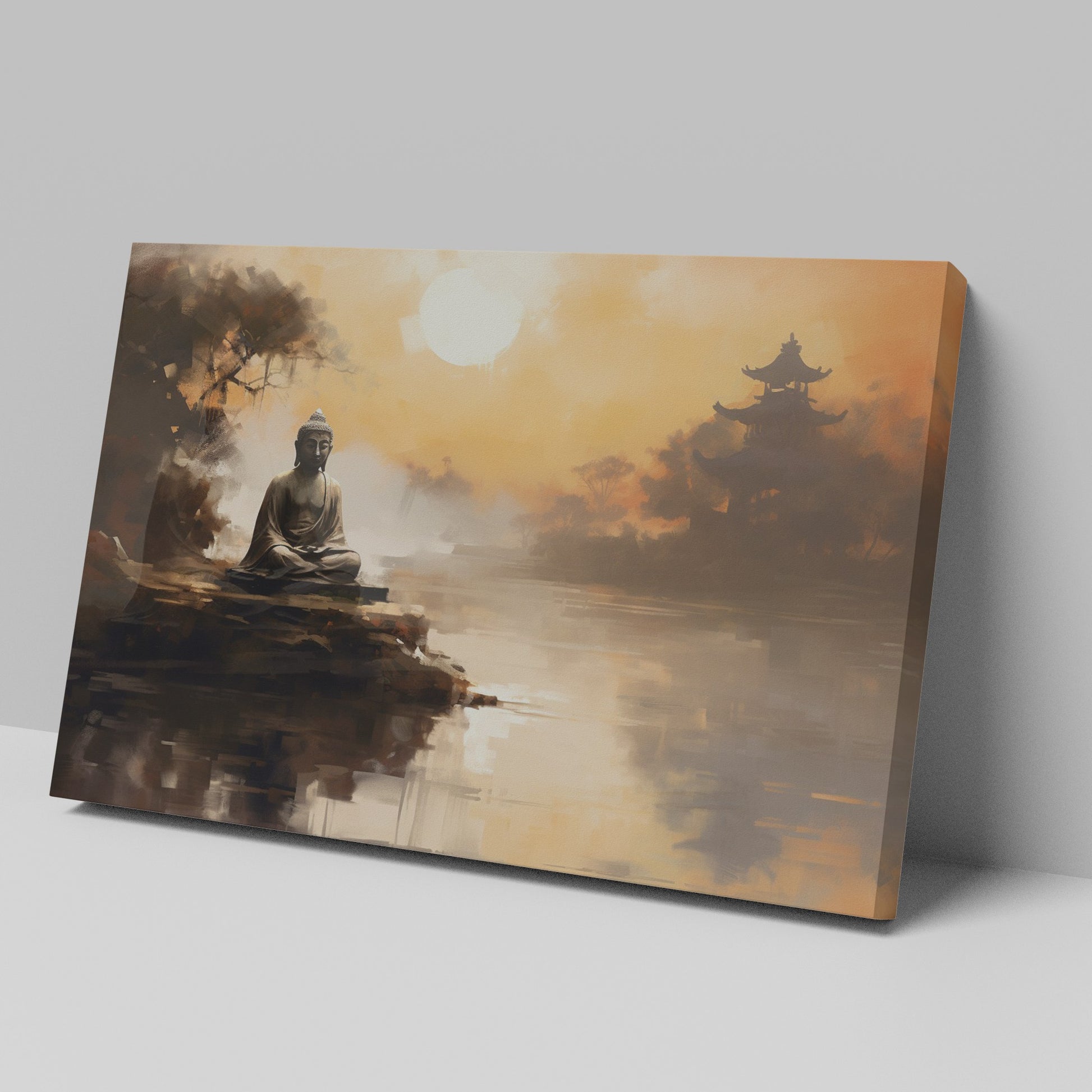 Framed canvas print of a serene Buddha statue at sunset with oriental temple and reflective water