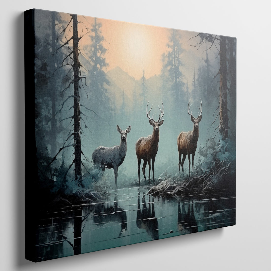 Framed canvas print of deer in a forest at sunrise with reflections in water, blue and orange tones