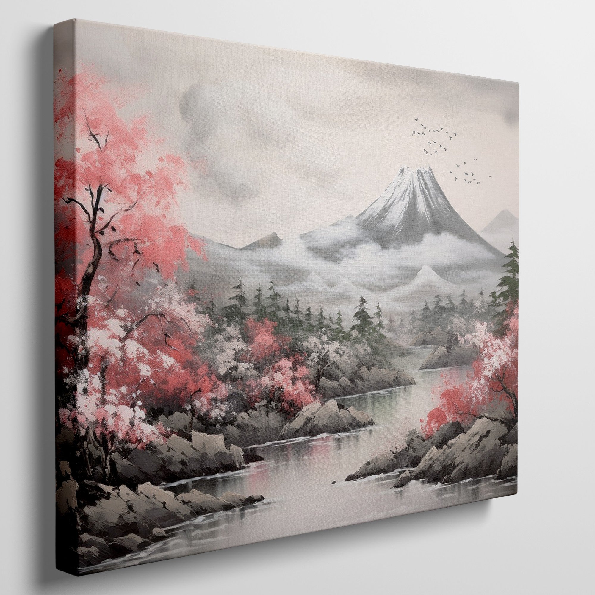 Framed canvas print of a serene landscape with cherry blossoms and a mountain