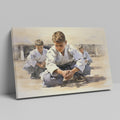 Framed canvas print of young karate students practicing in a dojo setting with warm neutral tones