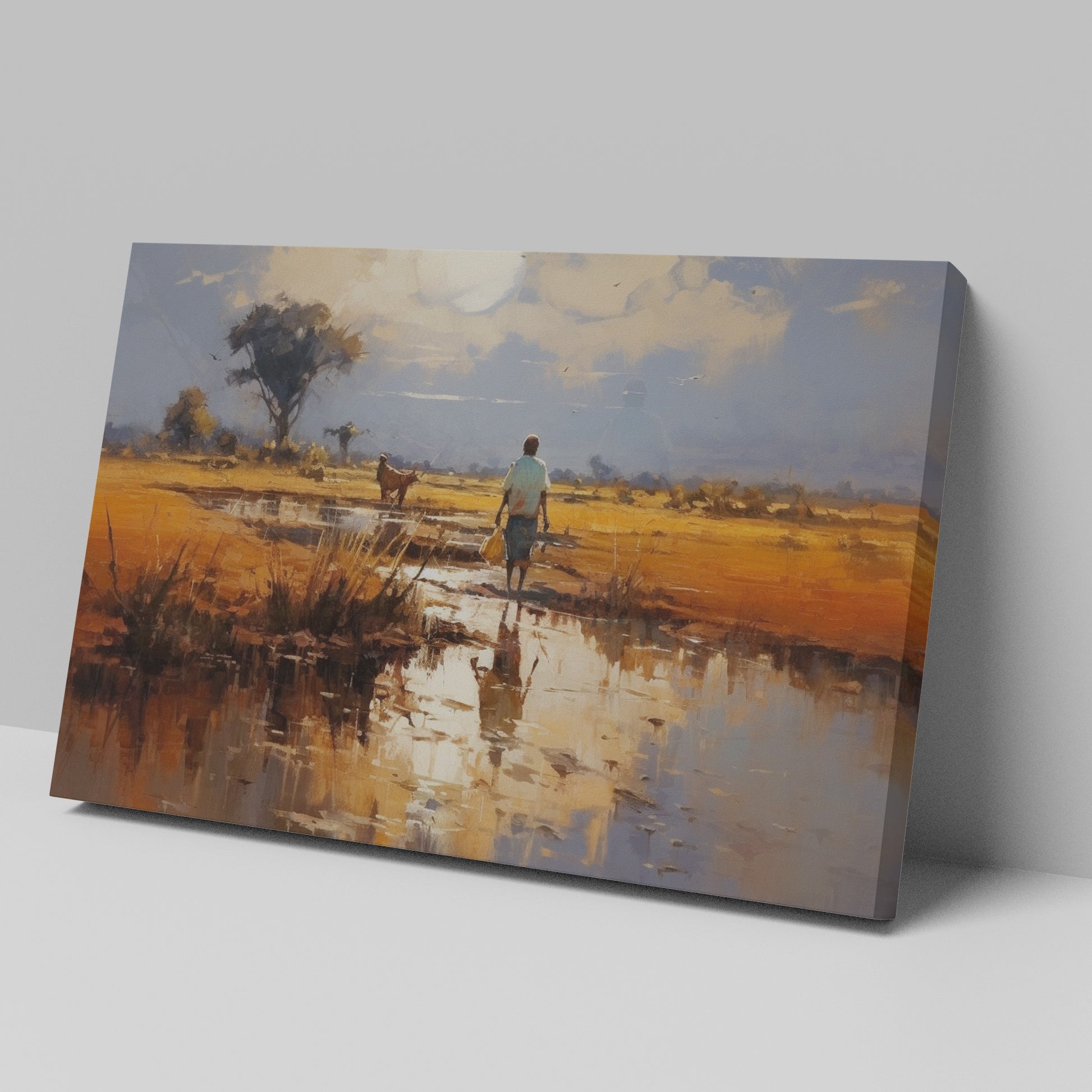 Framed canvas print of a tranquil African savannah landscape with warm sunset and water reflections