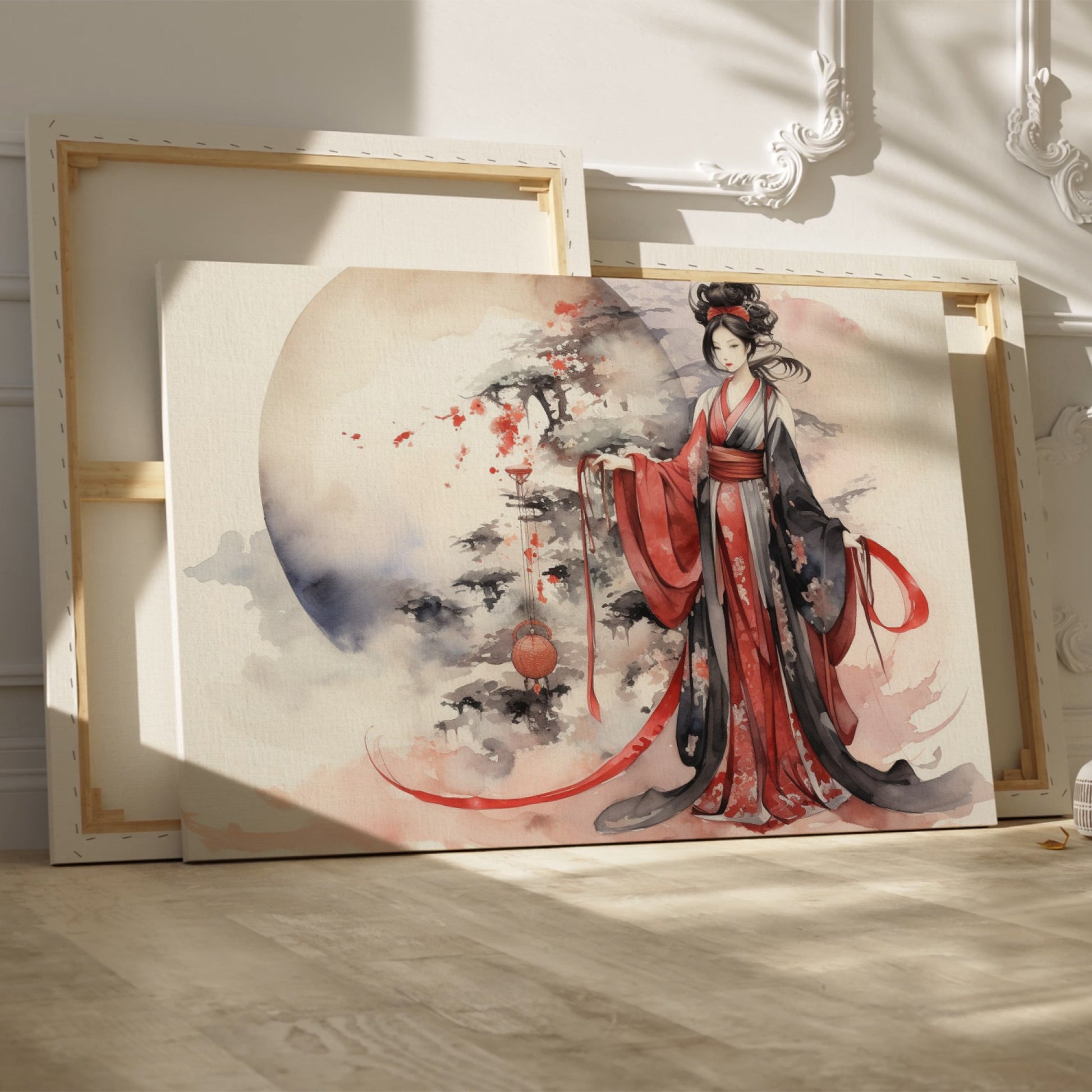 Framed canvas print of an Elegant Geisha in traditional Japanese attire with a sakura blossom and moon backdrop