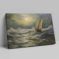 Framed canvas print of a classic maritime seascape with a sailing ship braving tumultuous ocean waves under a cloudy golden sky.