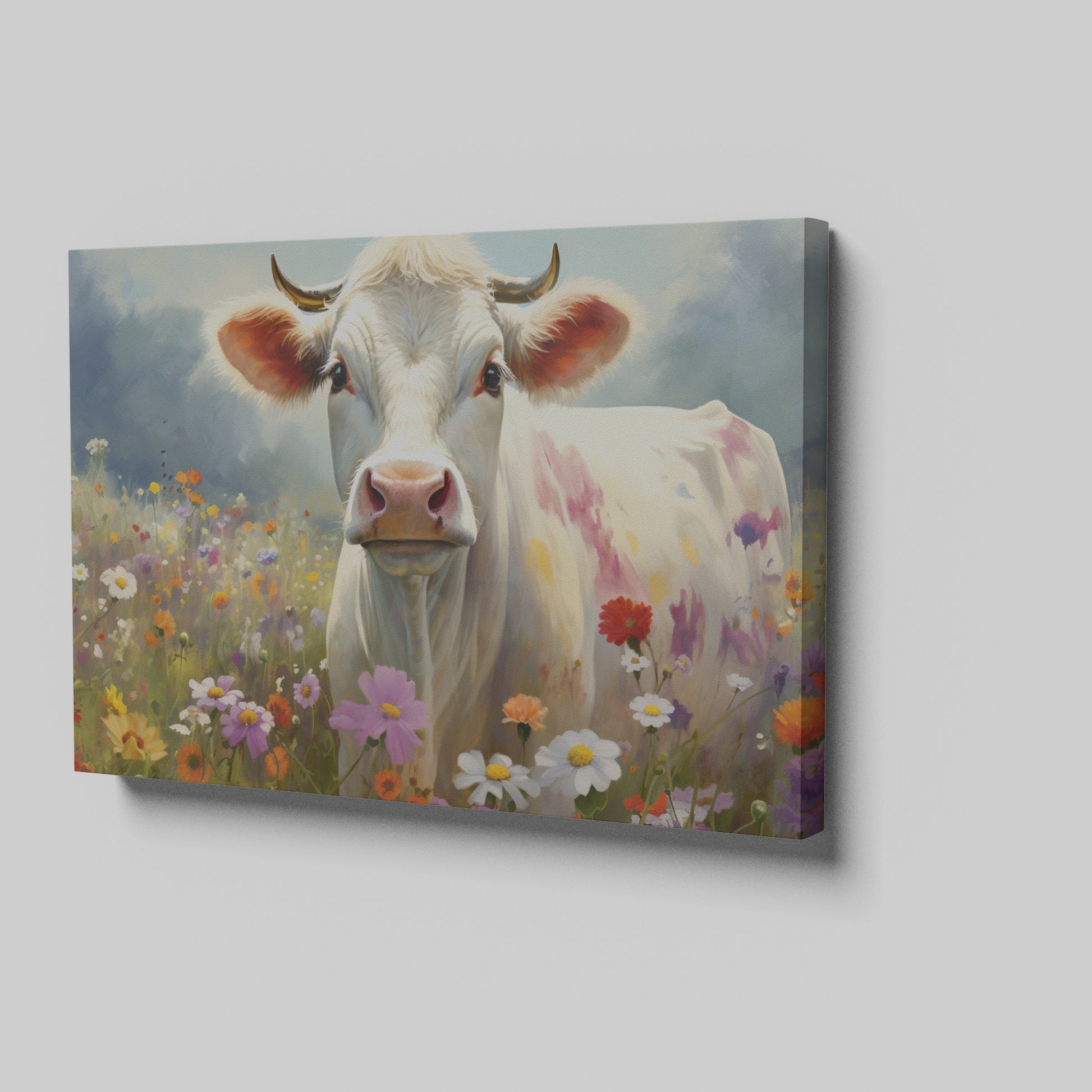 Framed canvas print of a realistic cow in a colourful meadow with wildflowers