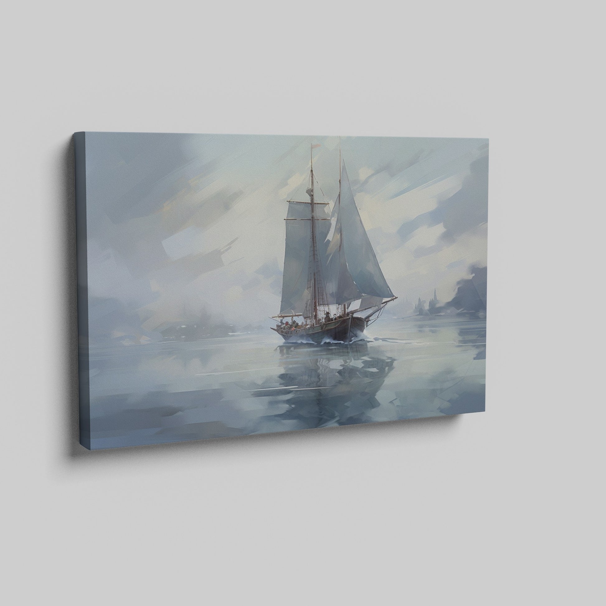 Framed canvas print of an impressionistic painting of a sailboat in a misty seascape setting