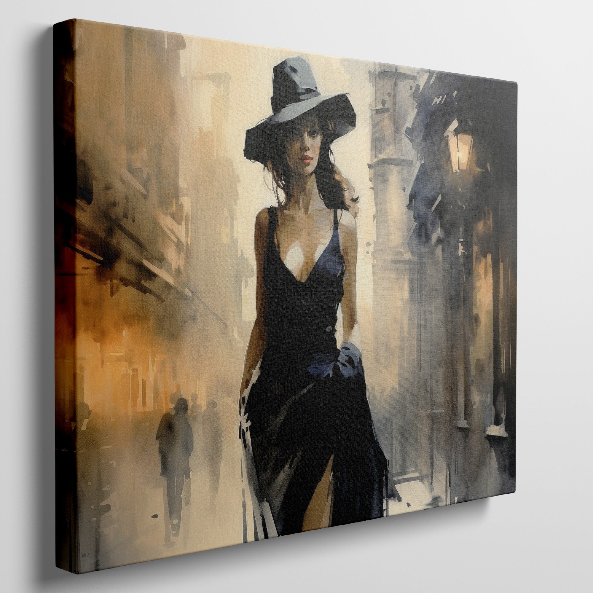 Framed canvas print of an elegant woman in a black dress with a sepia-toned urban street scene background