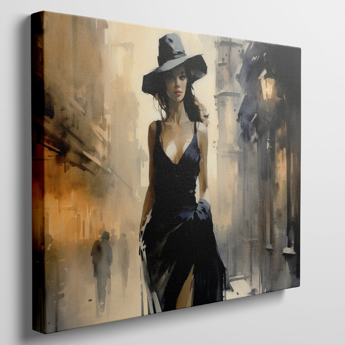 Framed canvas print of an elegant woman in a black dress with a sepia-toned urban street scene background