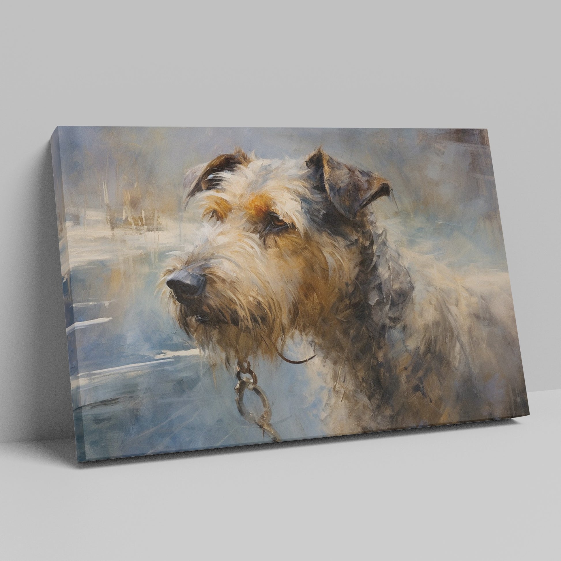 Framed canvas print of an impressionistic painting depicting a detailed and textured dog portrait with warm tones