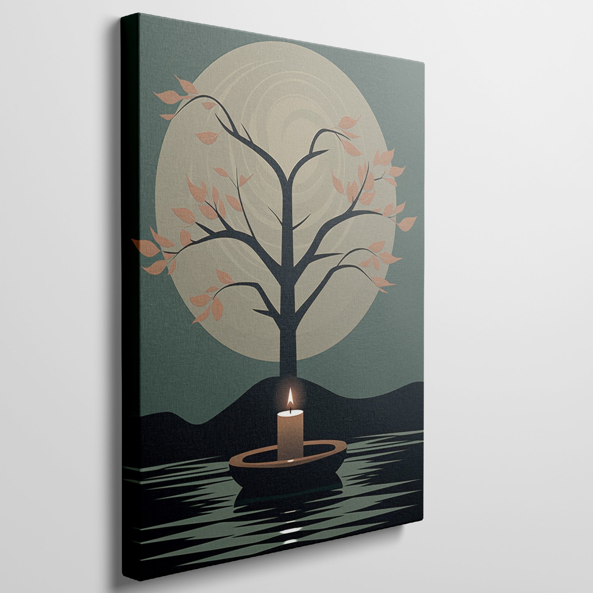 Framed canvas print of a tranquil tree with autumn leaves and glowing candle on a calm lake under a full moon