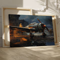 Framed canvas print of a vintage WWII fighter plane on a reflective rainy tarmac