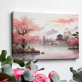 Framed canvas print of oriental landscape with cherry blossoms and pagoda