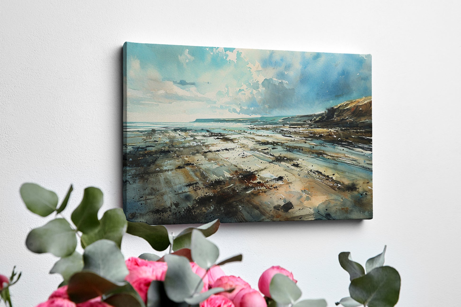 Framed canvas print of a serene watercolour coastal landscape with soft blues and natural earthy tones