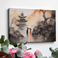 Framed canvas print of traditional Oriental scene with pagodas, cherry blossoms, and ink wash painting style