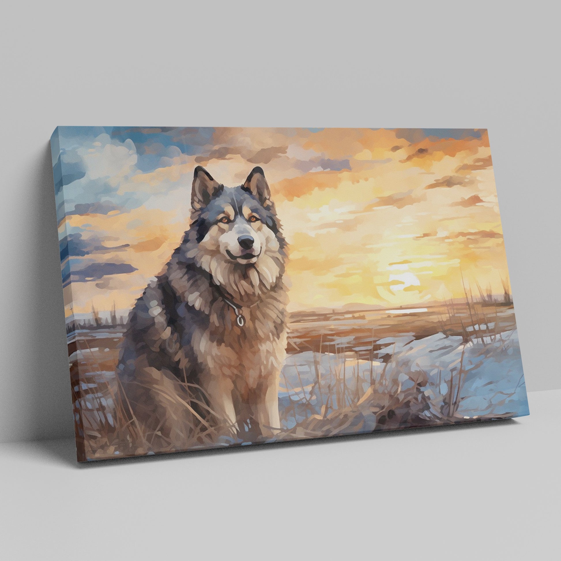 Framed canvas print of a Siberian Husky against a sunset landscape