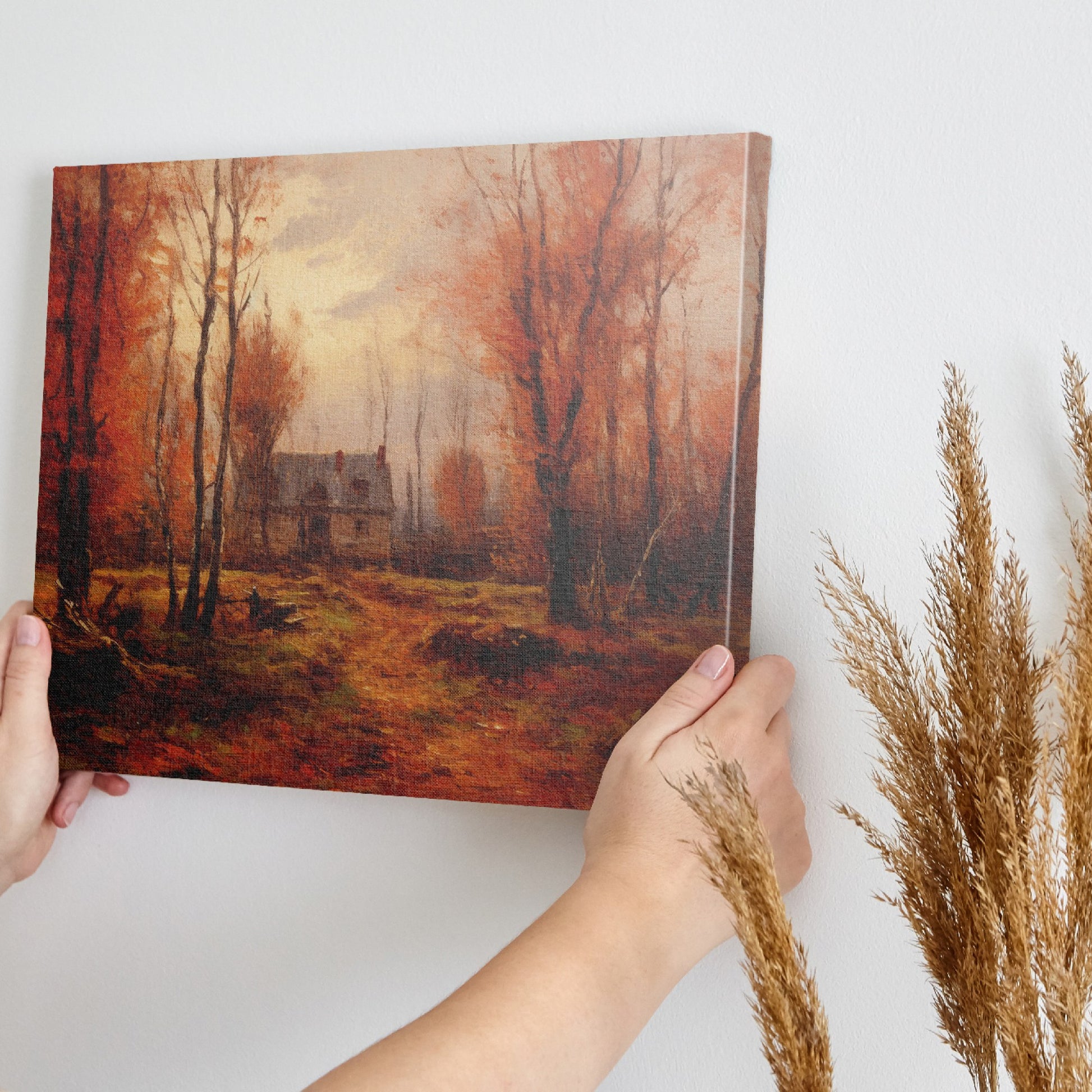 Framed canvas print of a traditional autumn forest landscape with a country house and warm red and brown tones