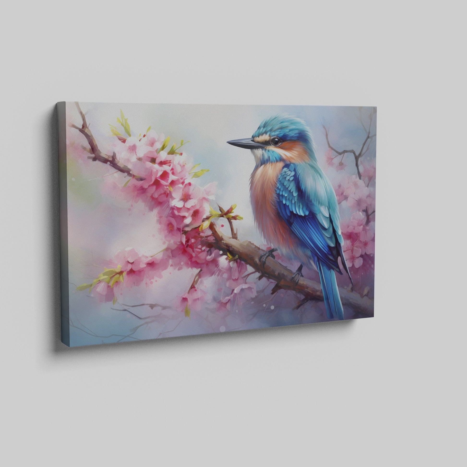 Framed canvas print of a vibrant kingfisher on a flowering cherry blossom branch