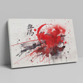 Framed canvas print of abstract red and black ink splash with oriental calligraphy