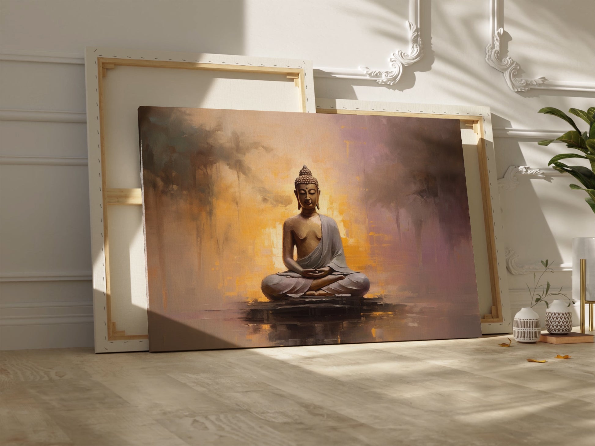 Framed canvas print of serene Buddha in meditation with abstract warm background