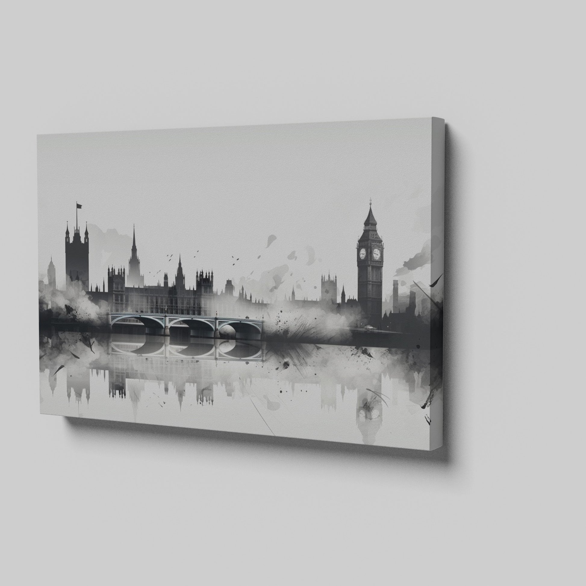 Framed canvas print of monochrome watercolour London skyline with Big Ben and Westminster