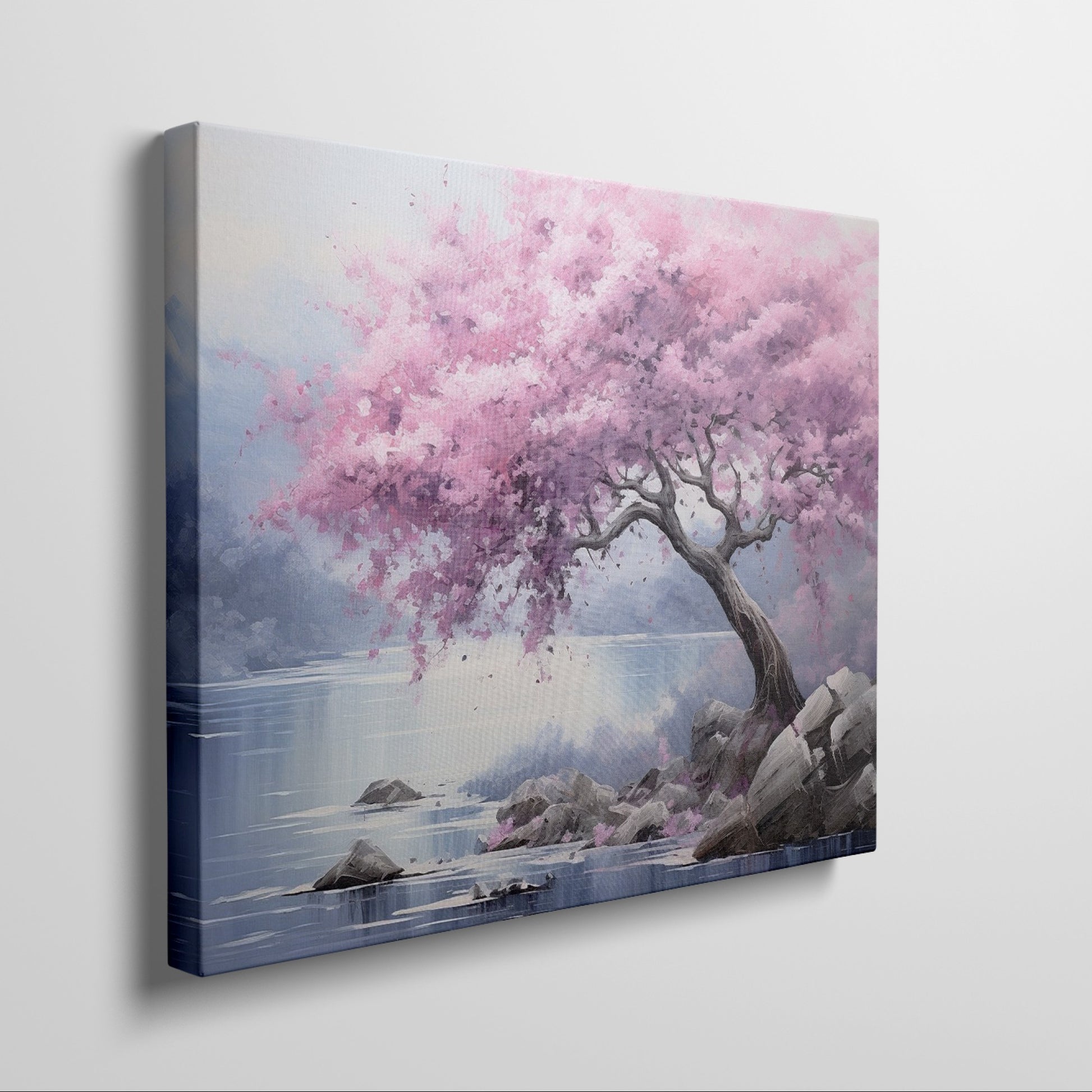 Framed canvas print of a cherry blossom tree by a lake with vivid pink flowers and tranquil blue waters