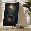 Framed canvas print of a serene moonlit scene with a person canoeing on a calm lake surrounded by forest