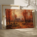 Framed canvas print of a traditional autumn forest landscape with a country house and warm red and brown tones