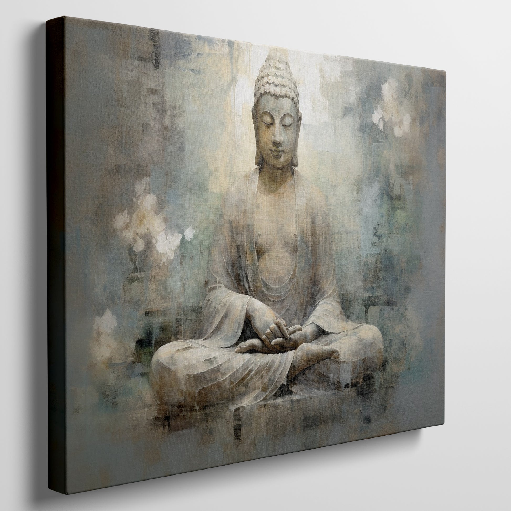 Framed canvas print of a serene Buddha in meditation with ethereal blue and earthy tones