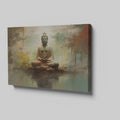 Framed canvas print of a serene Buddha in meditation with an abstract, earth-toned backdrop and reflective water