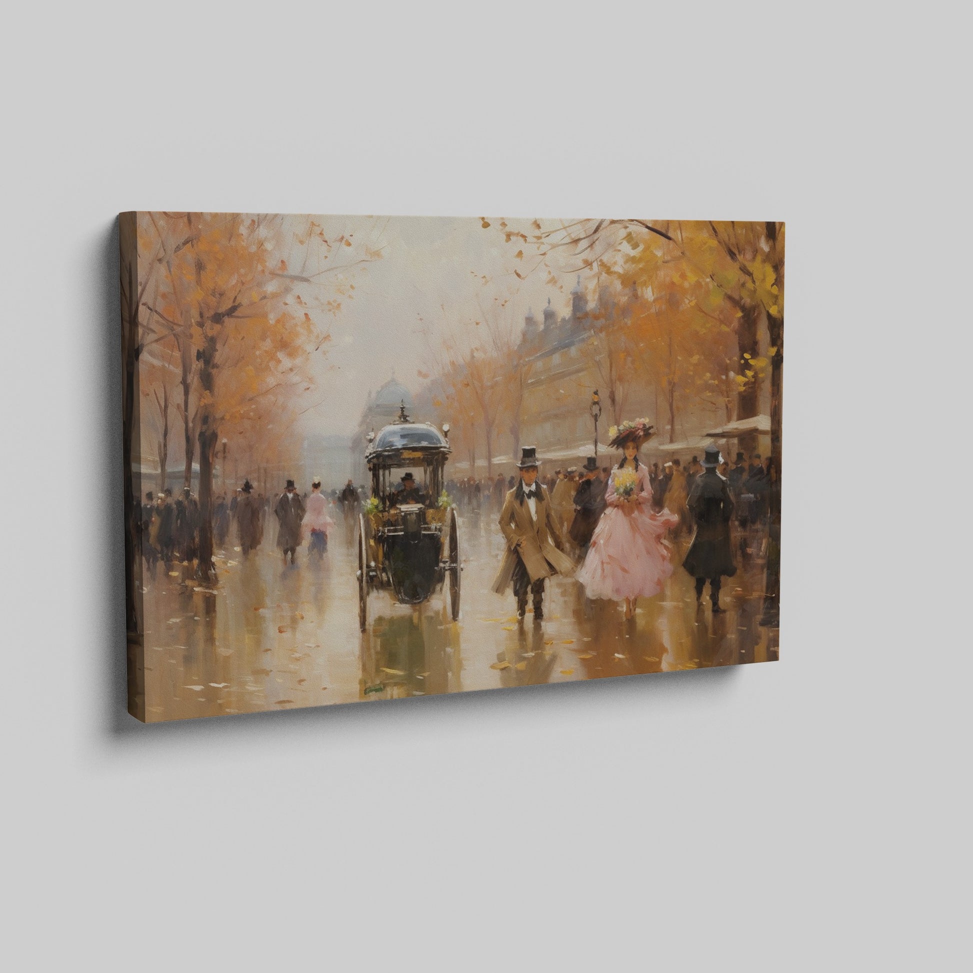 Framed canvas print of a Victorian-era Parisian boulevard in autumn with elegantly dressed figures and a horse-drawn carriage