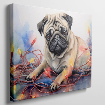 Framed canvas print of a lovable pug entwined with colourful Christmas lights in a painterly watercolour style