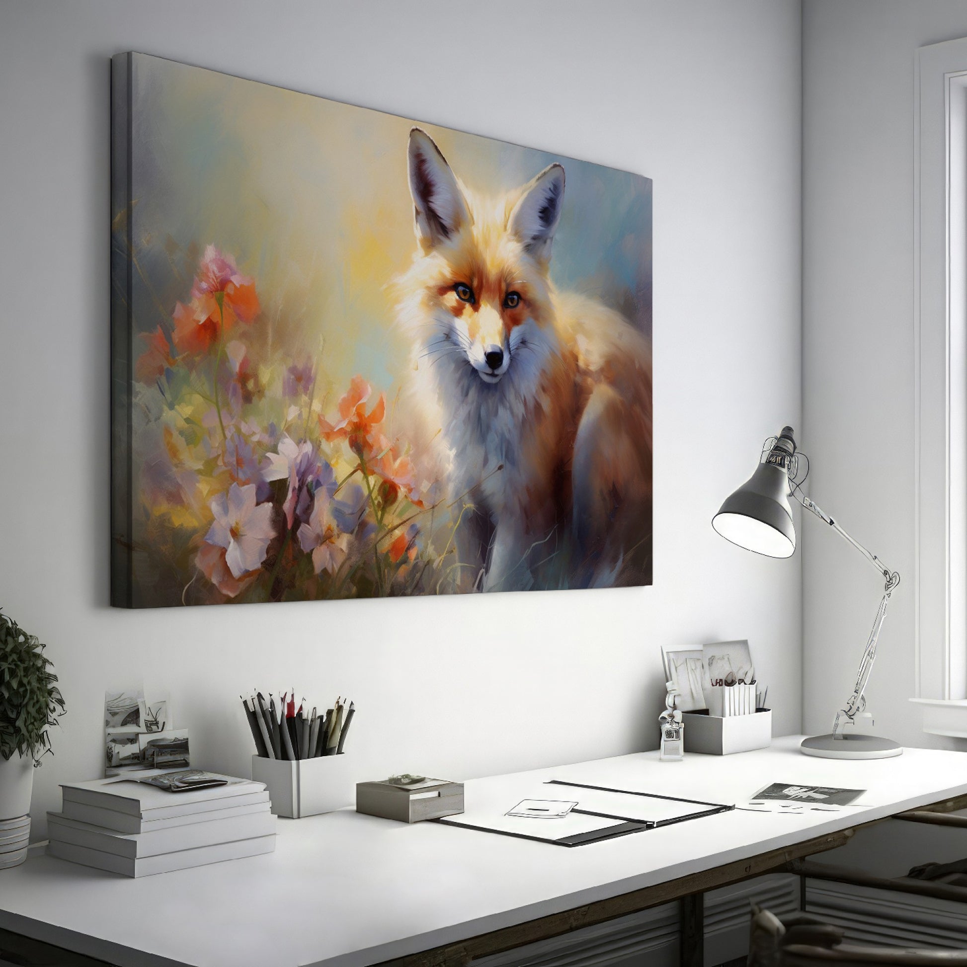 Framed canvas print of a majestic fox among vibrant wildflowers, with warm and impressionistic tones