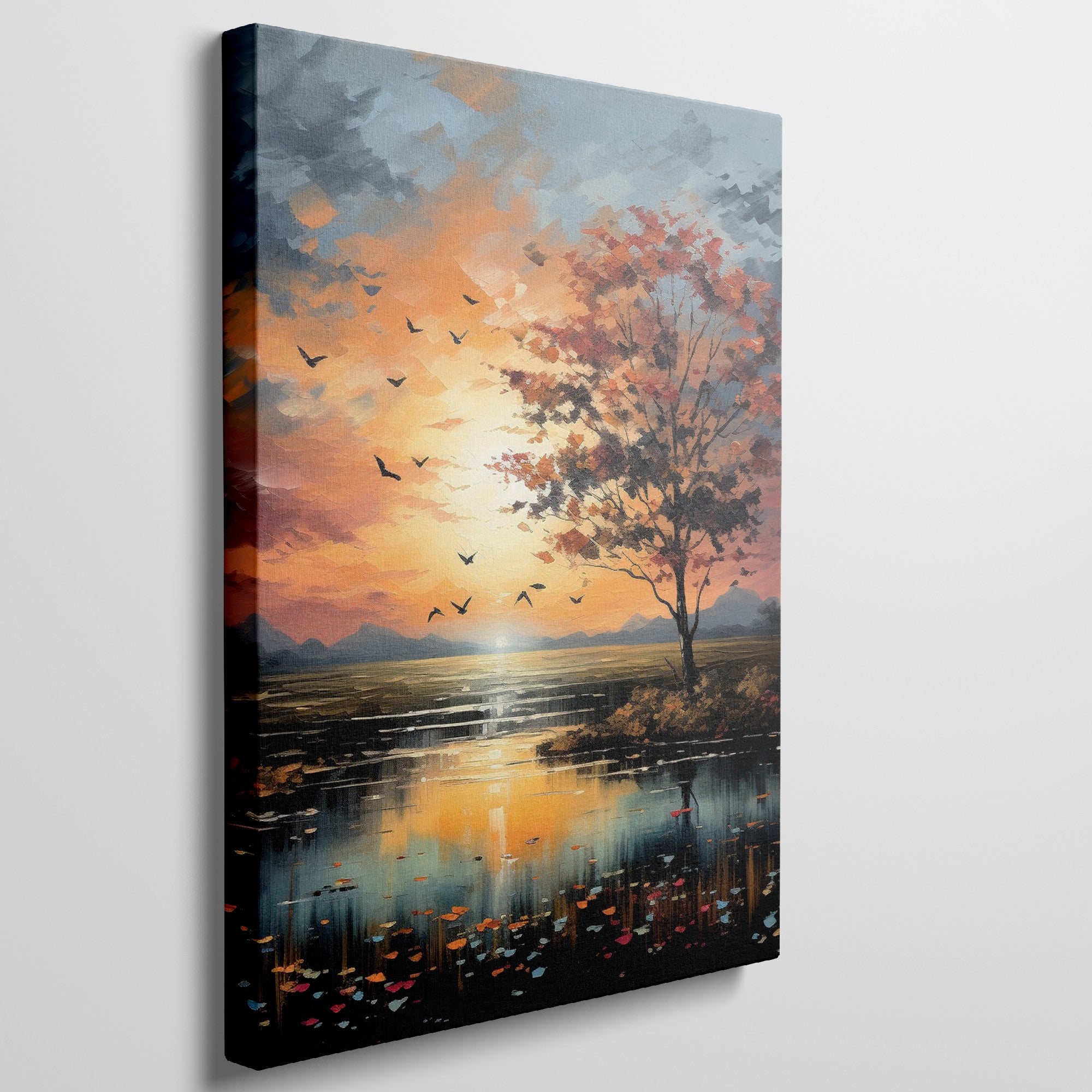 Framed canvas print of a picturesque autumnal sunset with vibrant orange sky and tree reflections on the water