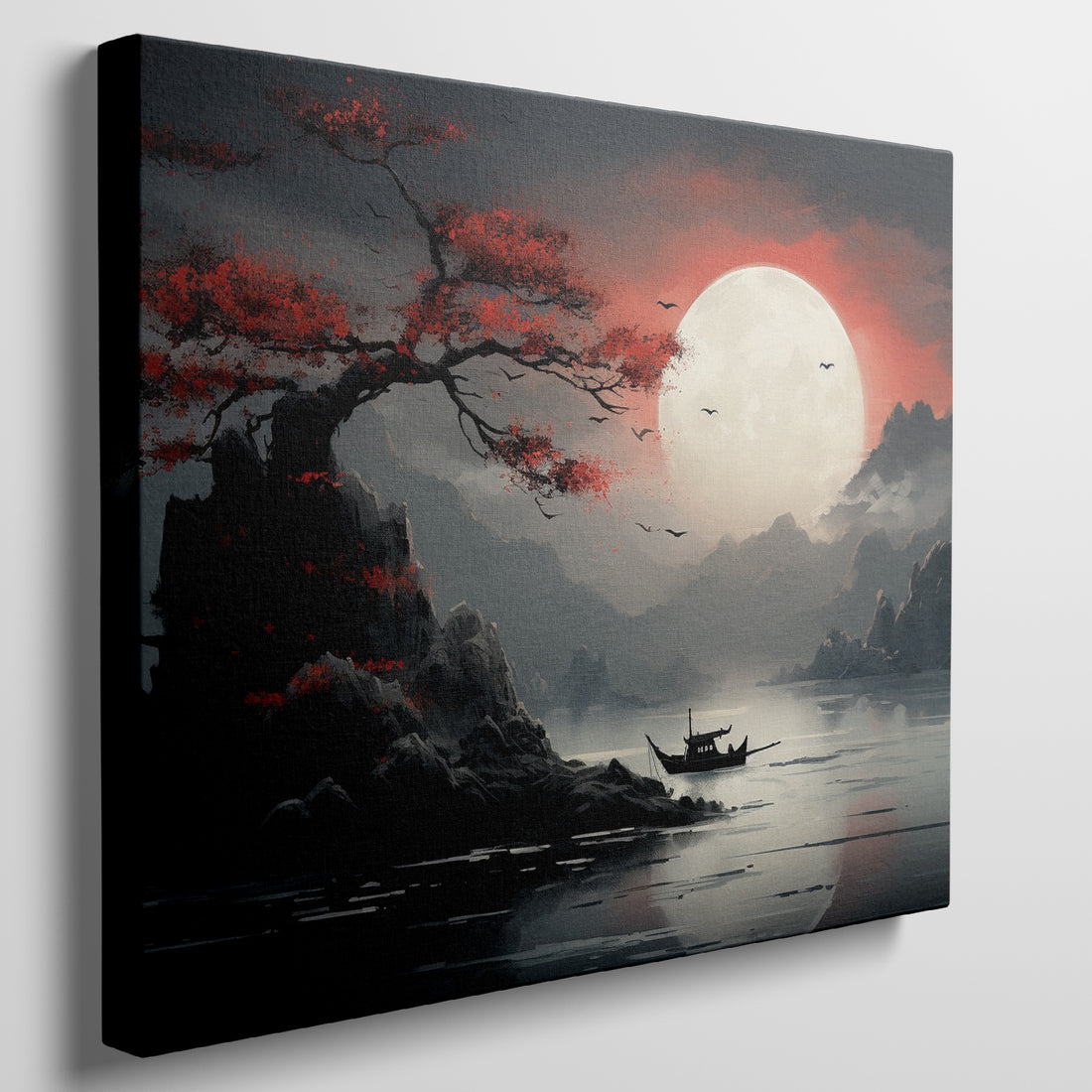 Framed canvas print of Oriental landscape with crimson moon and tree over tranquil waters