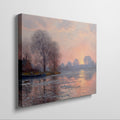 Framed canvas print of an Impressionist-style landscape with a sunset reflecting on a river