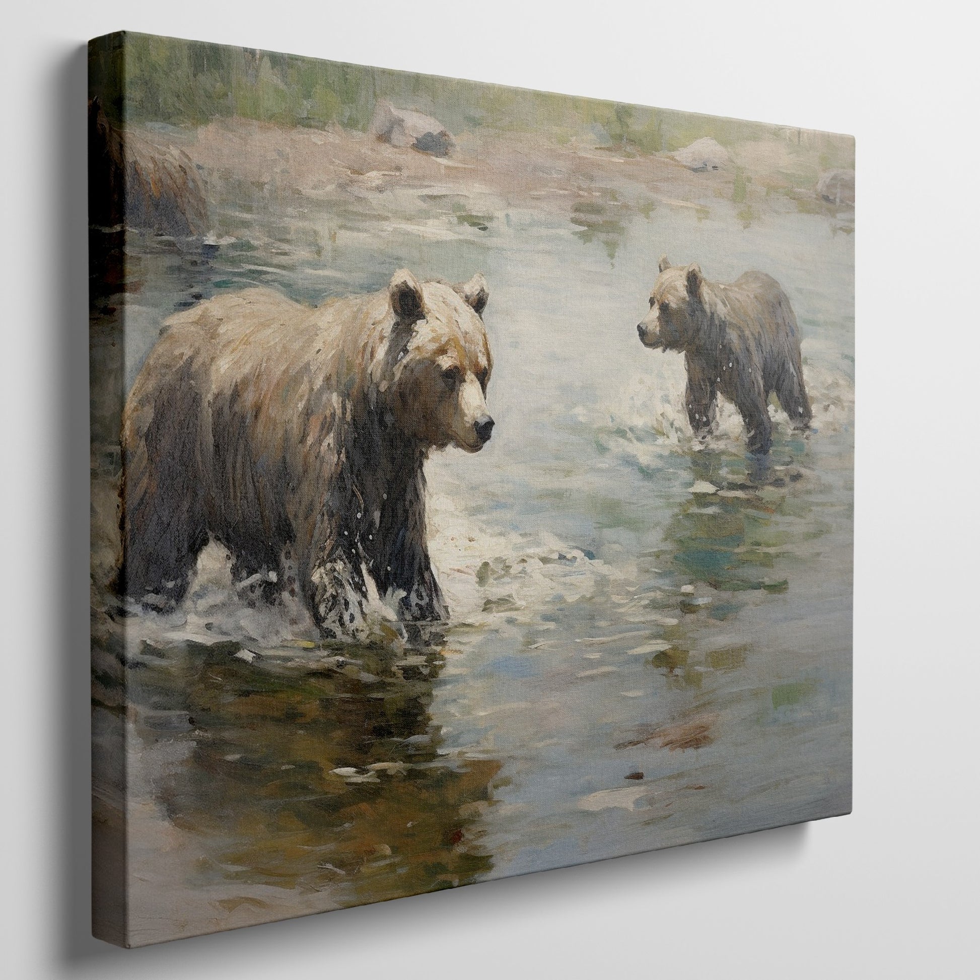 Framed canvas print of grizzly bears wading through water in an impressionist style