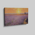 Framed canvas print of an impressionist lavender field with a person at sunset displaying warm sunset colours