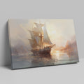 Framed canvas print of a historic sailboat sailing at sunset with golden light reflecting on the water