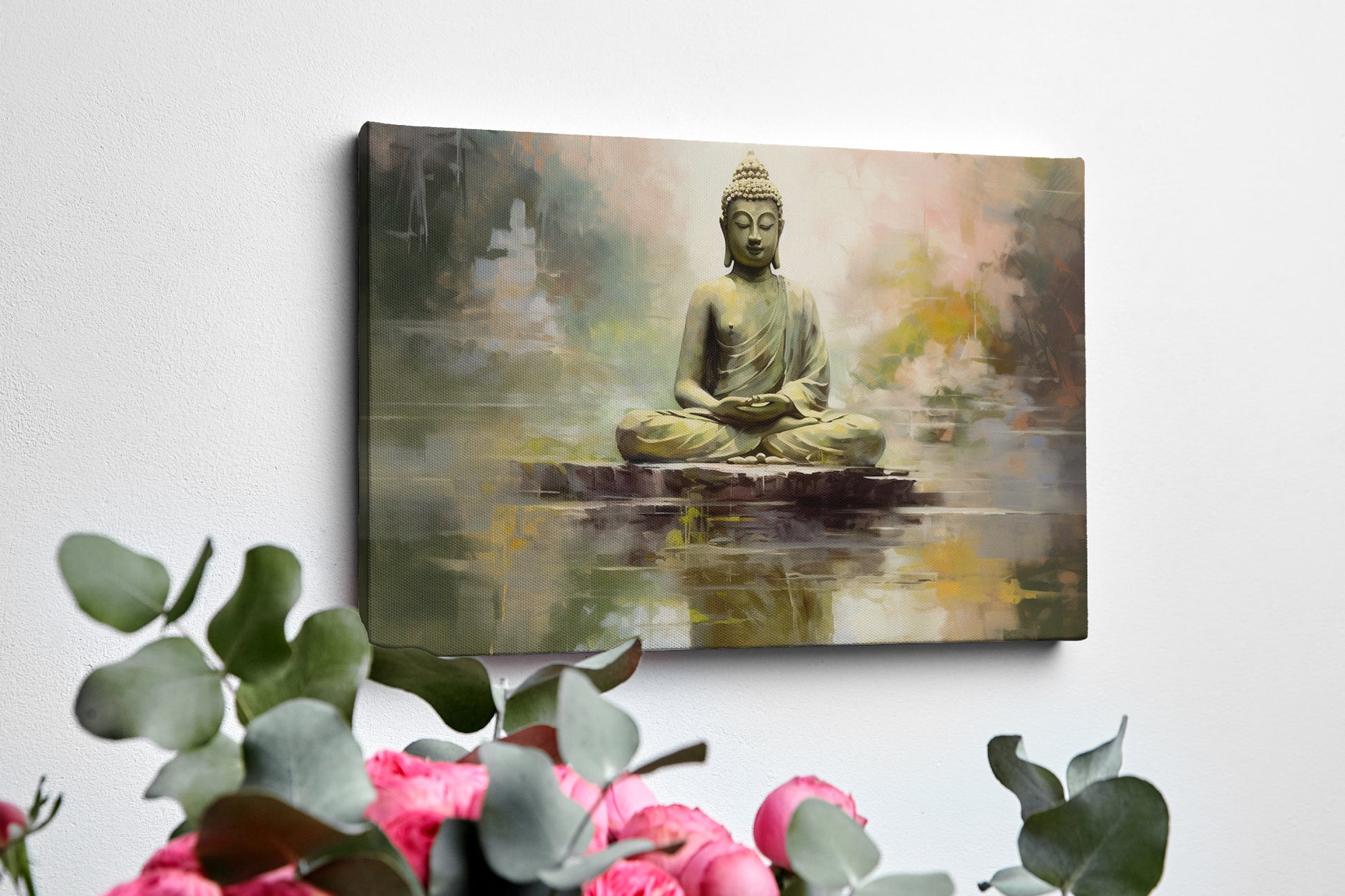 Framed canvas print of a serene Buddha sitting in meditation with a reflective water effect