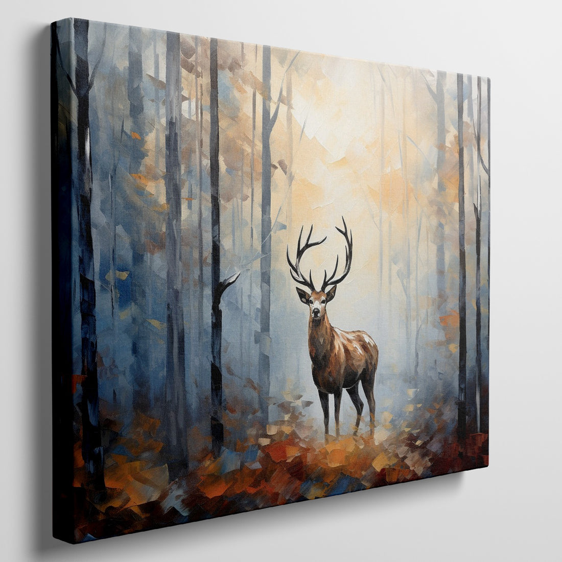 Framed canvas print of a majestic stag in a sunlit, impressionistic autumn forest