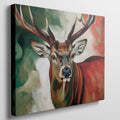 Framed canvas print of an impressionist stag portrait with vibrant red and green tones