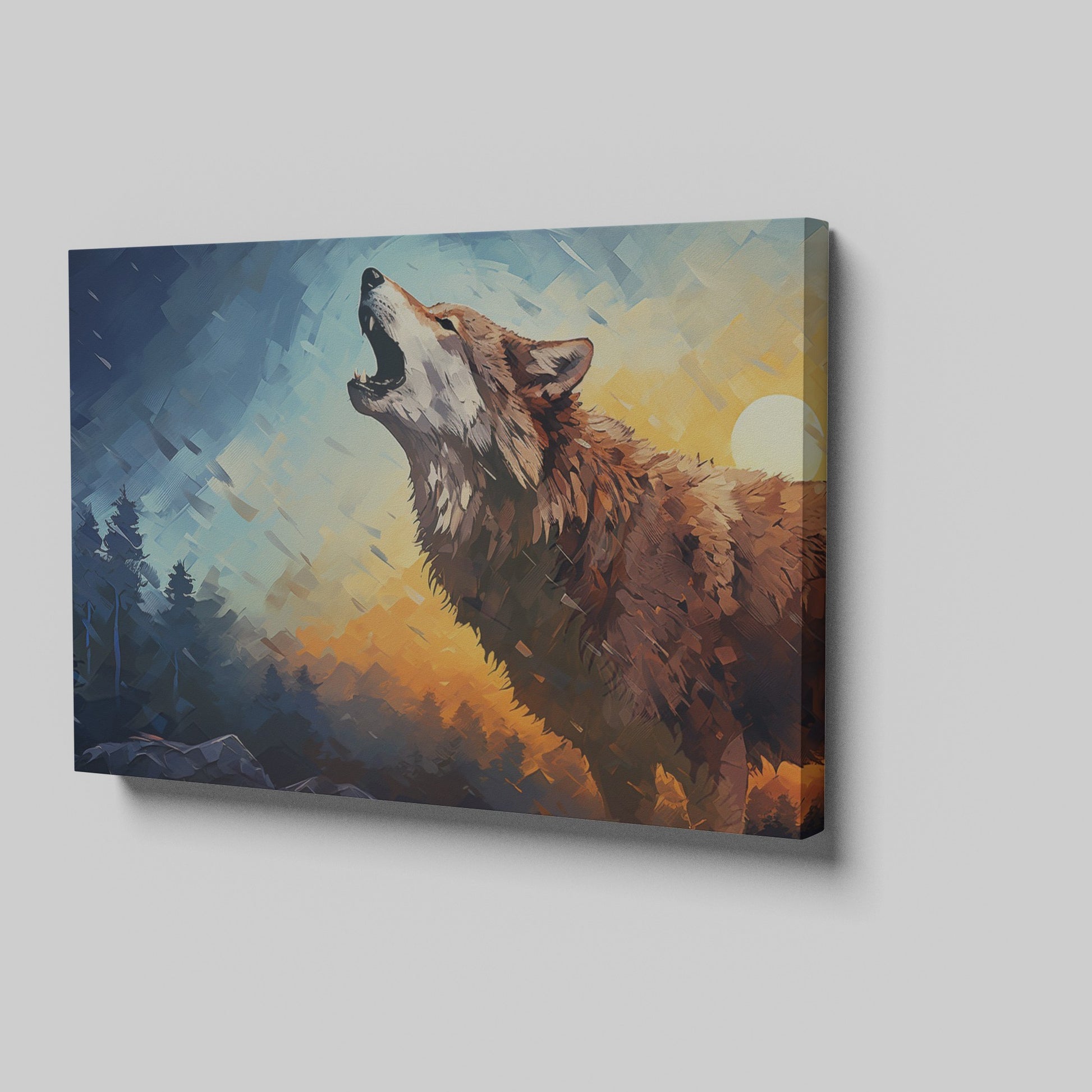 Framed canvas print of stylised howling wolf at sunset with forest backdrop