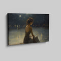 Framed canvas print of a woman in an evening dress admiring the reflective waters on a tranquil night