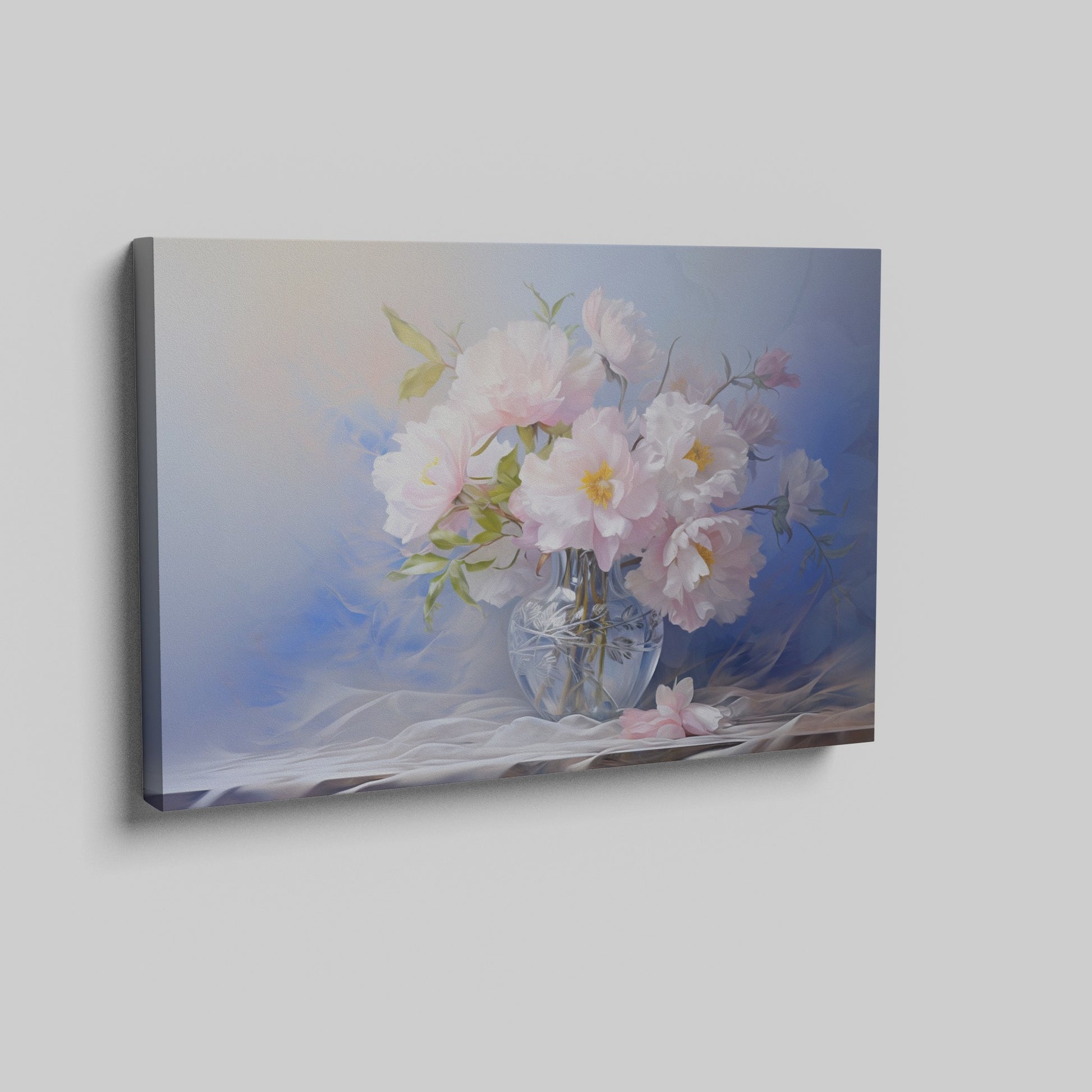 Framed canvas print of elegant pink peonies in an ornate glass vase portrayed with soft pastel colors