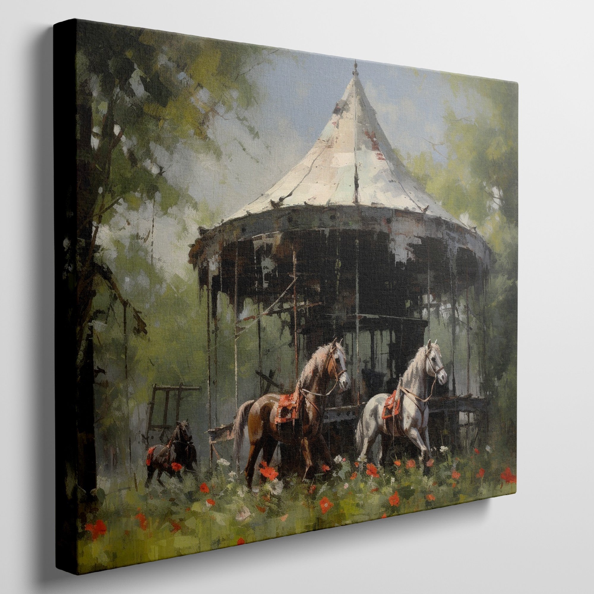 Framed canvas print of impressionist painting with rustic carousel, horses amidst poppies in countryside.