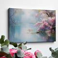 Framed canvas print of a tranquil lakeside scene with cherry blossoms and misty atmosphere