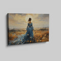 Framed canvas print of an elegant lady in a blue dress against a rural sunset backdrop with warm hues and a dramatic skyline